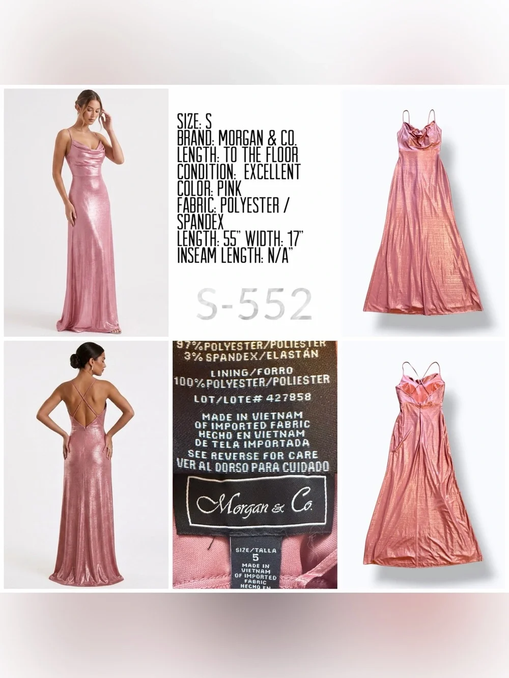 Morgan & Co. Metallic Pink Cowl Neck Maxi Dress - S - Picture 6 of 6